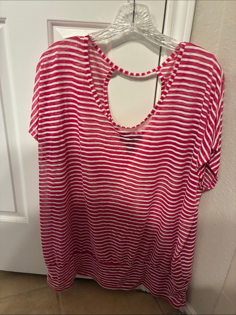 Lane Bryant Pink and White Striped Short Sleeve Keyhole Top